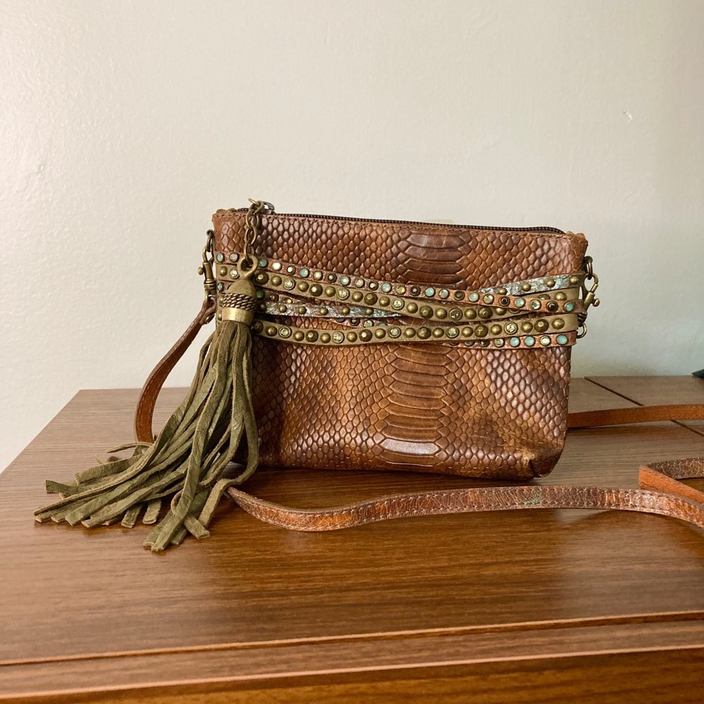 Leatherock Brown Snakeskin Studded Leather Crossbody Bag with Tassel USA Made